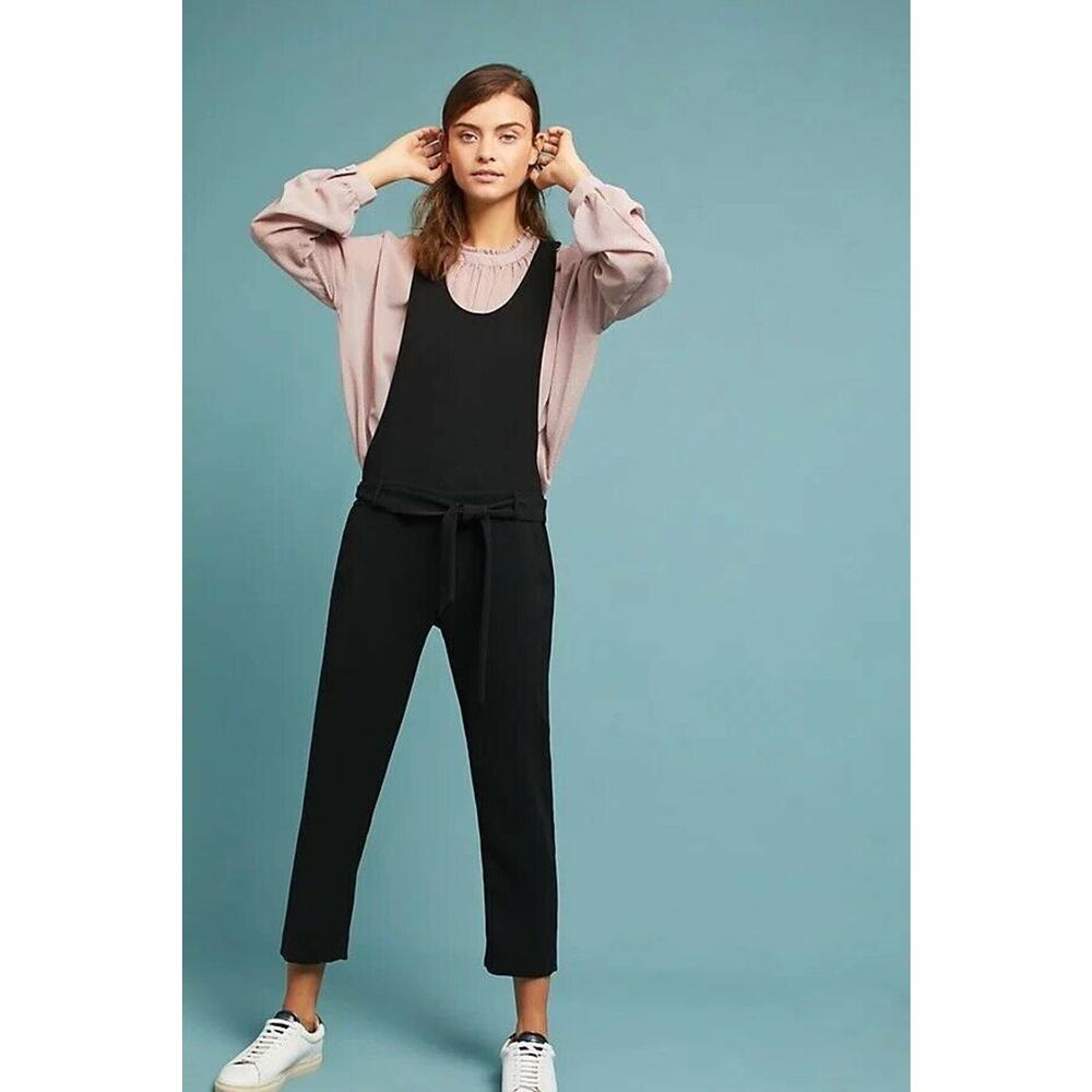 Anthropologie Laveer Womens Black Jumpsuit Tie Waist Straight Leg Sz XS Crepe